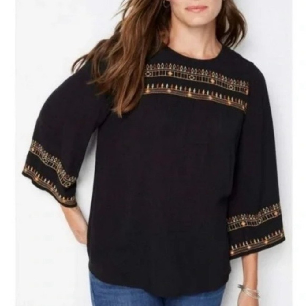 J. Jill‎ Womens Black Embroidered Boho Bell Sleeve Blouse Top Large Cotton Rayon